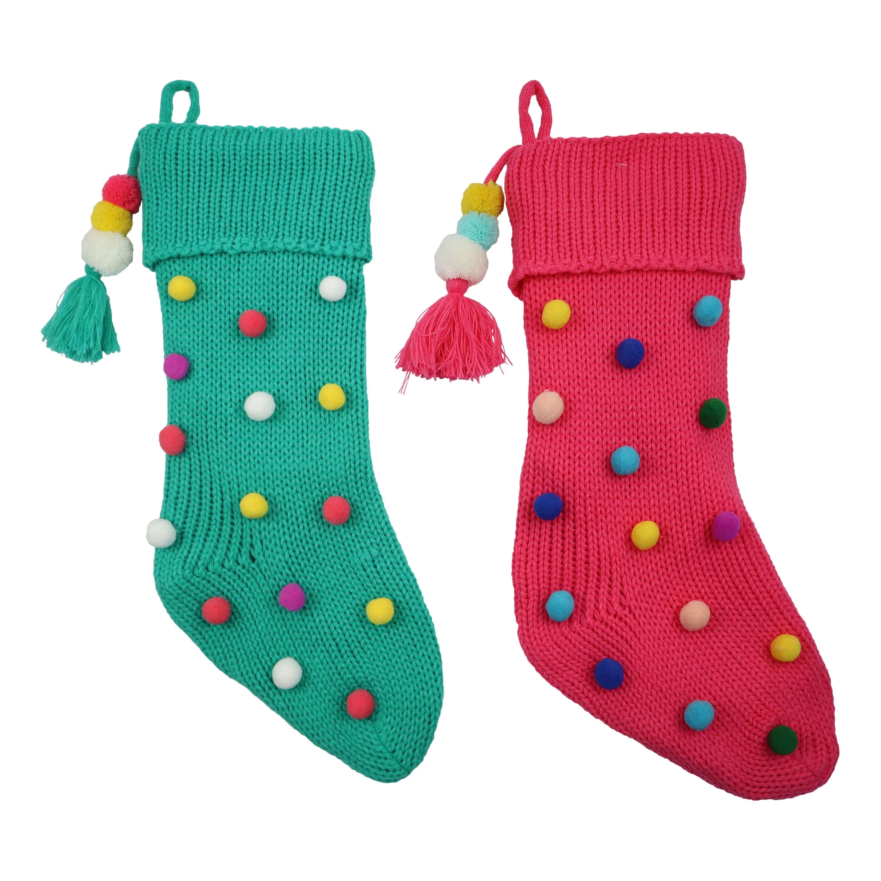 Holiday Time 2pack 20inch Christmas Aqua/Pink Knit Stocking, With Colorful Pom Poms | Walmart (US)