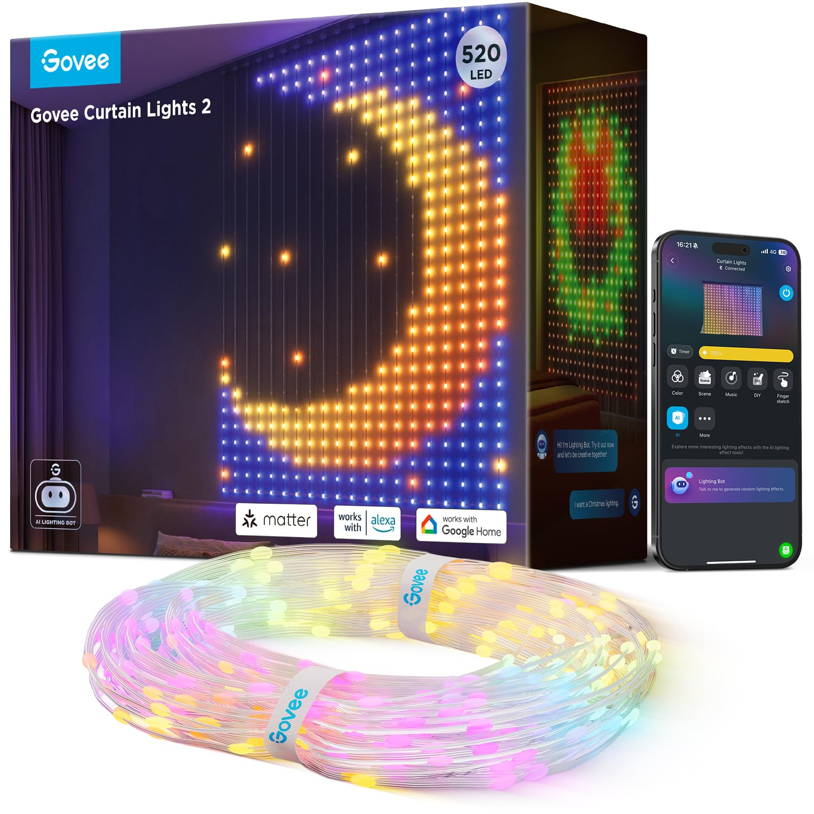 Govee Curtain Lights 2, 520 LEDs, Smart LED Curtain Light with DIY GIF AIGC, Non-Splicable, RGBIC... | Amazon (US)