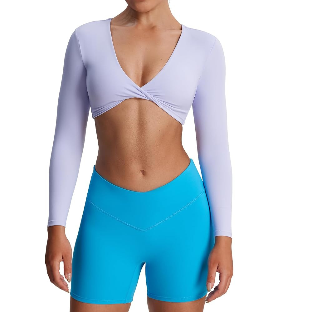 Aoxjox Long Sleeve Crop Tops for Women Sienna Twist Deep V Workout Cropped T Shirt Top | Amazon (US)