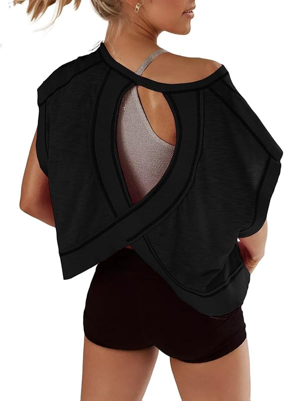 Open Back Tops for Women Oversized Short Sleeve Workout T Shirts Backless Y2k Athletic Crop Runni... | Amazon (US)