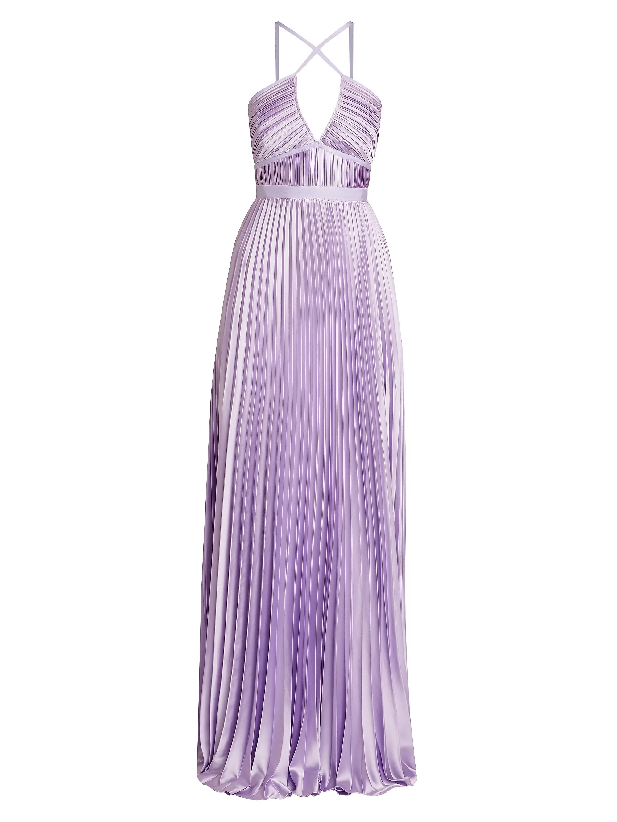 Shop Amur Nori Pleated Satin Halter Gown | Saks Fifth Avenue | Saks Fifth Avenue