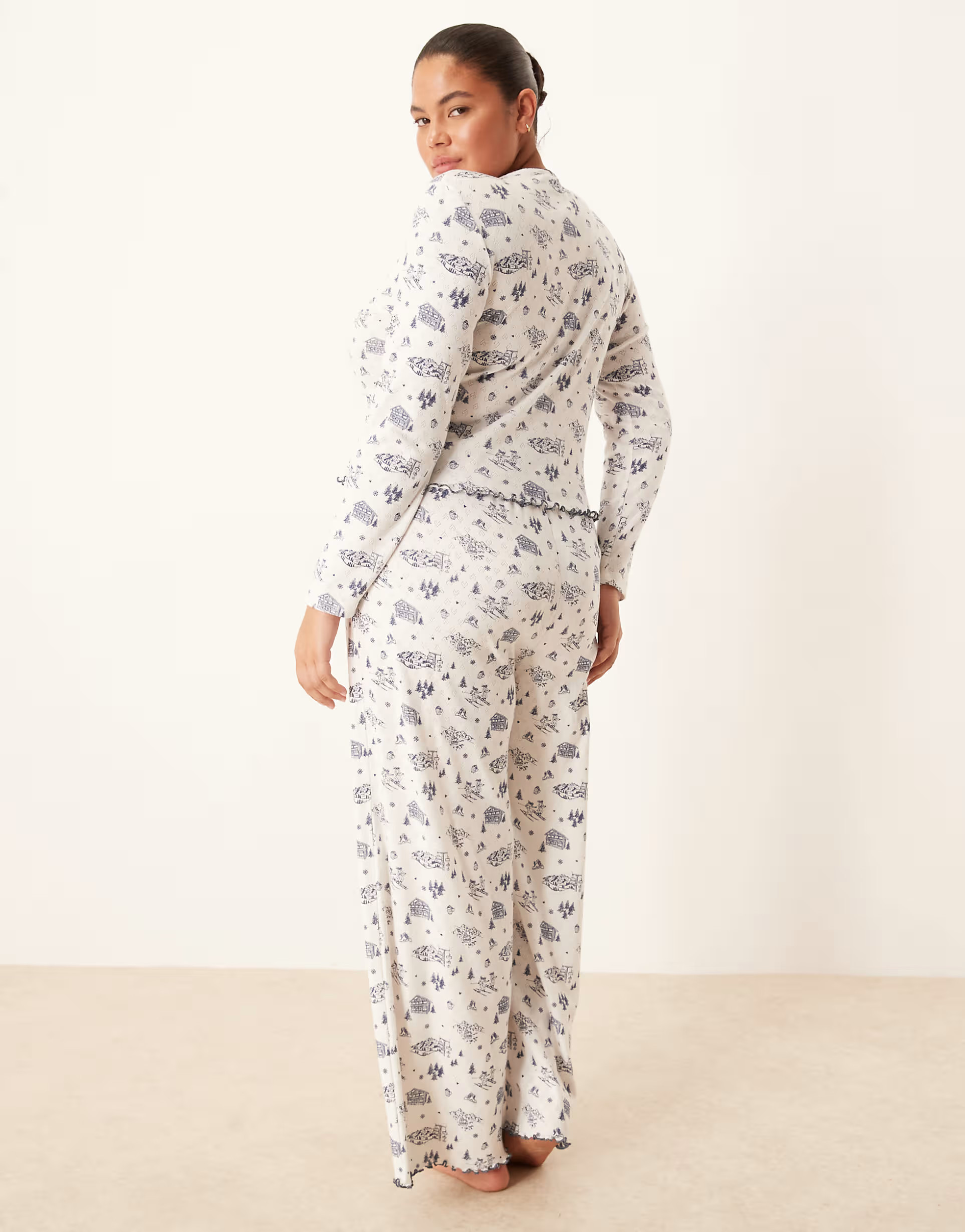 ASOS DESIGN Curve pointelle pajama long sleeve tee and pants set in blue scenic print | ASOS (Global)