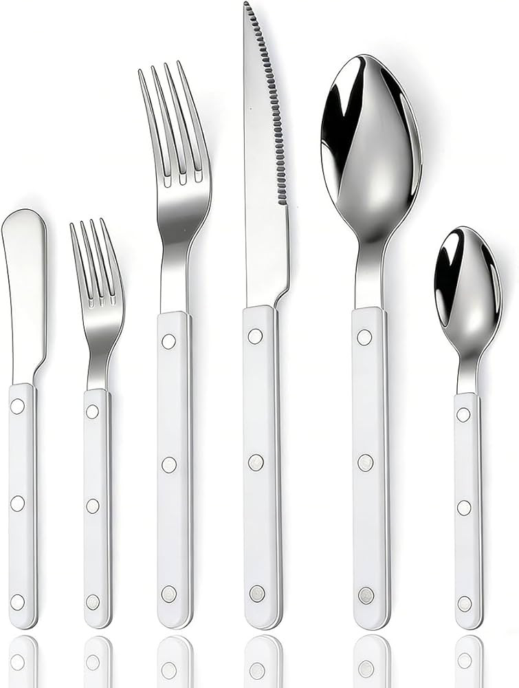 Rivet ABS White Handle Silverware Set - 6-Piece Stainless Steel Flatware with Steak Knife, Fork, ... | Amazon (US)