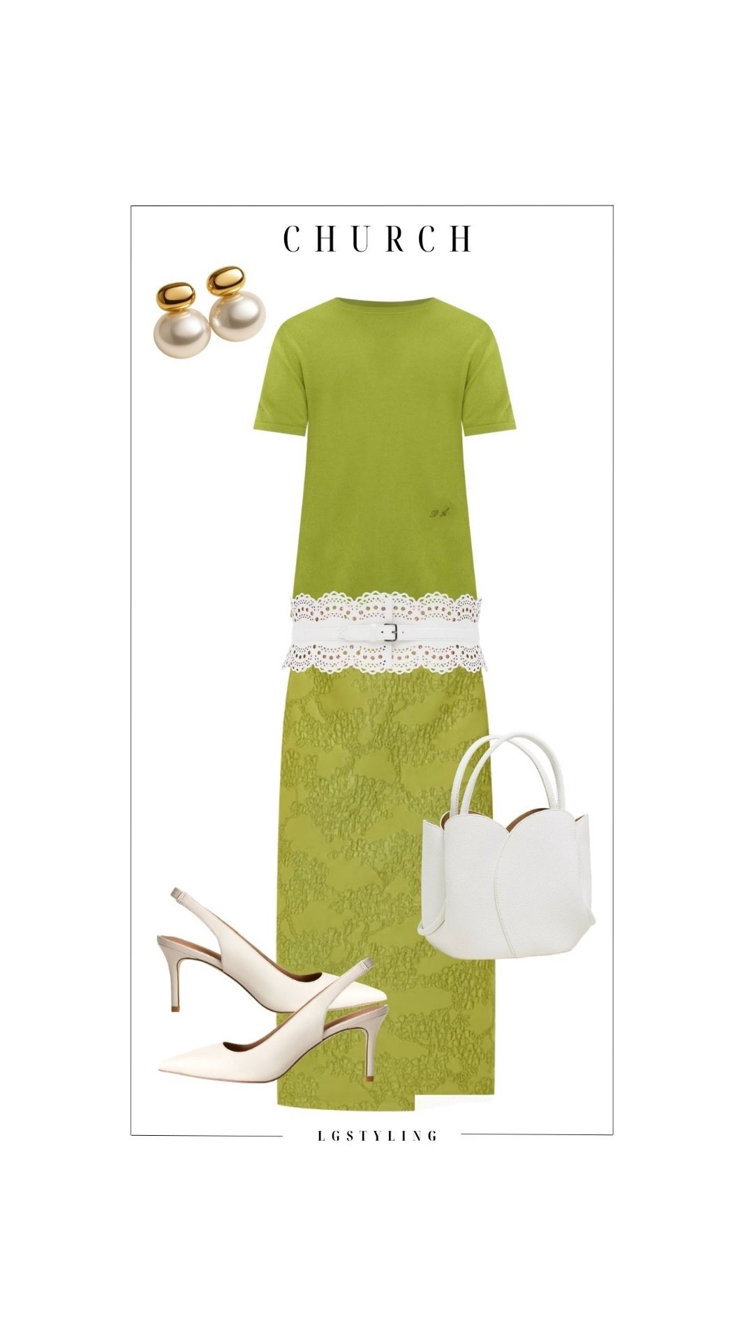 Church
Elegant, fresh, and spring-ready. This church look features a beautiful chartreuse dress with delicate lace detailing, styled with classic pearl earrings, a crisp white bag, and timeless slingback heels. It’s polished, graceful, and ideal for church, brunch, or any dressed-up daytime occasion.

 