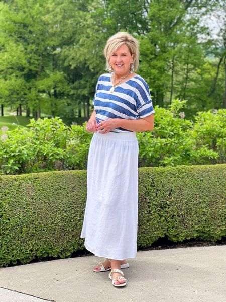 Linen Tee Size 1 (could size down) | White Maxi skirt is sheer | Vacation style | summer outfit idea | blue and white outfit | teacher style 

#LTKStyleTip #LTKOver40 #LTKWorkwear