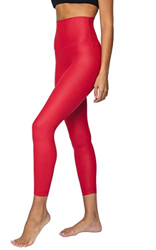 90 Degree By Reflex Womens High Waist High Shine Faux Leather Disco Ankle Leggings - Scorpio Red Elastic Free Super High Waist - XS | Amazon (US)