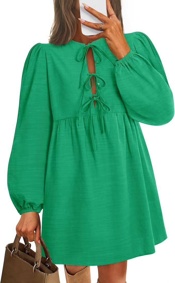 ZESICA Women's Dress Fall Long Puff Sleeve Self Tie Front Babydoll A Line Pleated Cute Mini Tunic... | Amazon (US)