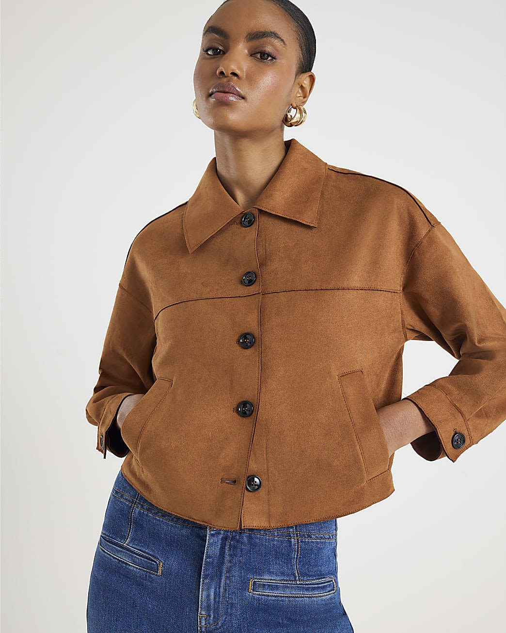 Brown Faux Suede Long Sleeve Overshirt | River Island UK & IE