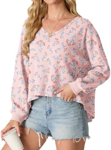 IWOLLENCE Womens Long Sleeve Shirts Oversized V Neck Tunic Tops for Women Waffle Knitted Pullover... | Amazon (US)