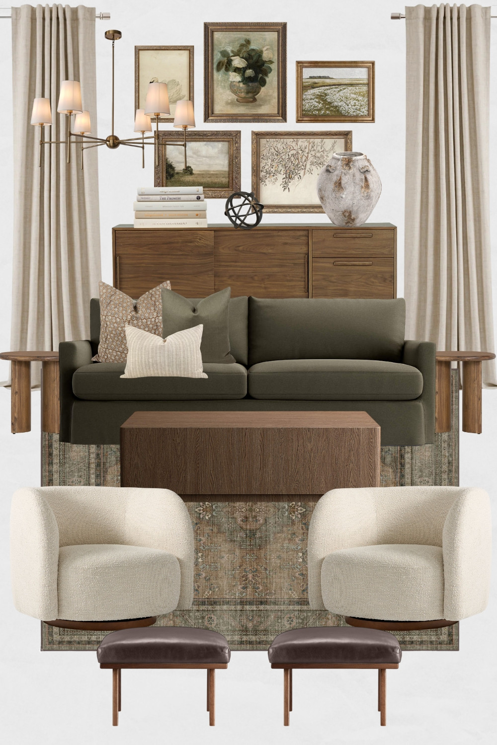 Vintage Living Room Moodboard, Green Couch, Living Room Design, Transitional Living Room Design Ideas, Walnut Brown Console, Walnut Brown Coffee Table, Ottomans, Living Room Decor, Vintage Wall Art

#homedecor #livingroomdesign #livingroomdecor #livingroom #vintagehome #vintagedecor #englishcottage #den #cozylivingroom 

 

#LTKHome #LTKSaleAlert