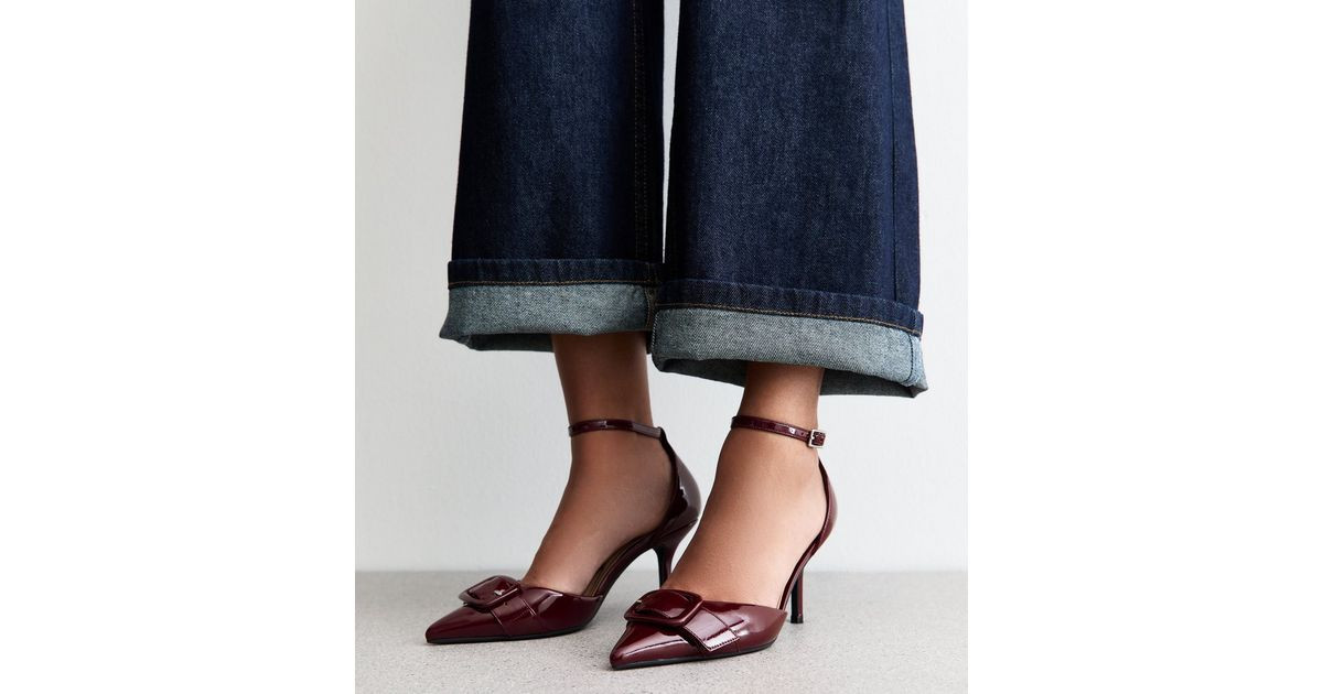 Dark Burgundy Faux Patent Leather Buckle Strap Open Court Shoes | New Look | New Look (UK)