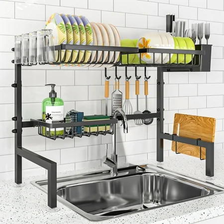 Over The Sink Dish Drying Rack,25.9"-33.4" Large Stainless Steel Dish Drying Rack Drainer, Expandable Height & Length 2 Tier Dishes Racks for Kitchen Counter Organizer | Walmart (US)