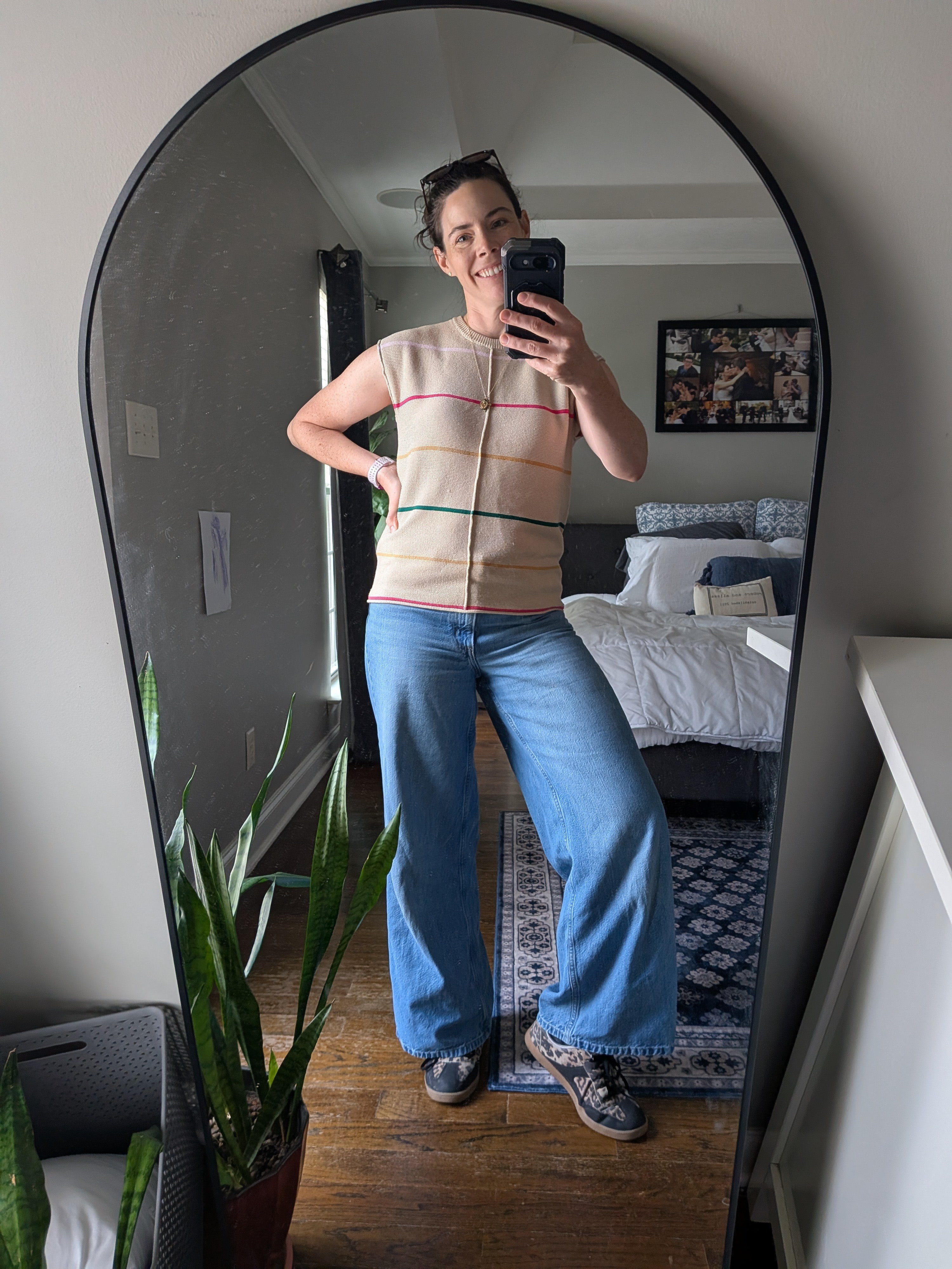 OOTD Co-op Vibes 🖤🐆Cozy + chic for today’s errands and coffee run! Loving this comfy combo:Top: Belloco Cap Sleeve Knit SweaterJeans: Amazon Essentials Wide Leg, Mid-RiseSneakers: Walmart Women's Leopard Print#LTKStyle #LTKSeasonal #OOTD #OutfitOfTheDay #CozyChic #WideLegJeans #CapSleeveSweater #LeopardSneakers #CasualStyle #EverydayOOTD

#LTKdayinmylife #LTKootd #LTKmomlife