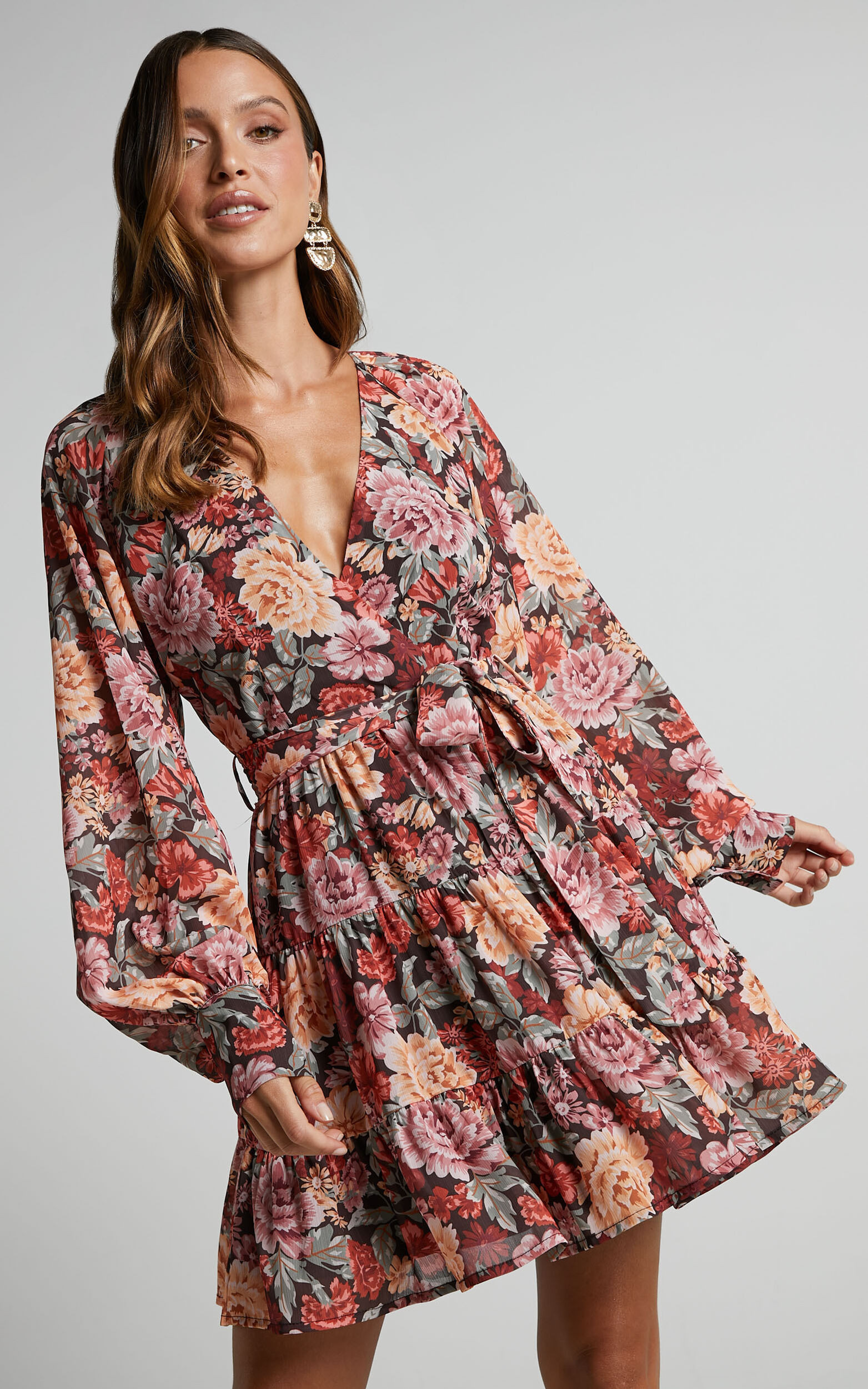 Libby Mini Dress - Printed Longsleeve V Neck Dress in Boheme Floral | Showpo (US, UK & Europe)