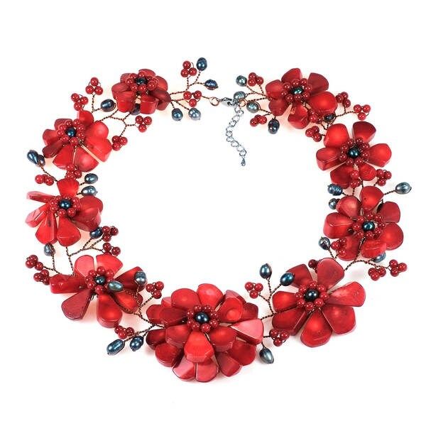 Handmade Copper Wire Synthetic Coral Pearl Stone Floral Red Necklace (Thailand) | Bed Bath & Beyond