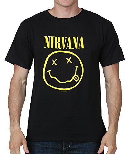 FEA Men's Standard Nirvana Smiley Logo Double Sided T-Shirt, Black, X-Large | Amazon (US)