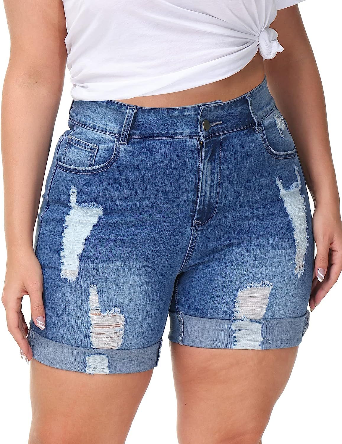 ALLEGRACE Plus Size Denim Shorts Women High Waisted Stretch Summer Jean Shorts | Amazon (US)