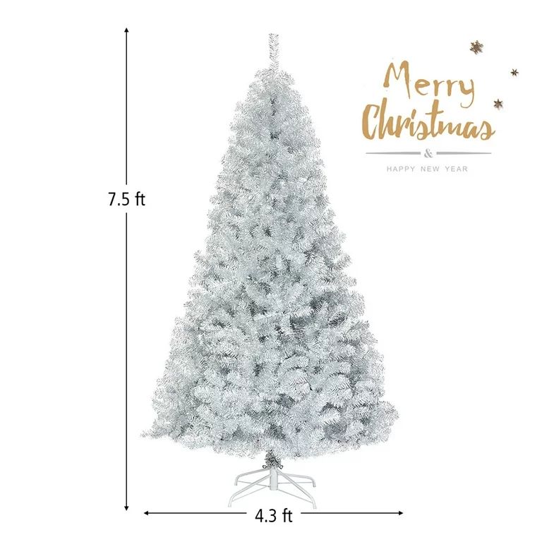 Gymax 7.5 FT Silver Tinsel Christmas Tree Artificial Hinged Tree Holiday Decoration | Walmart (US)