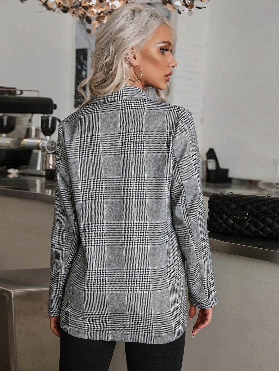 Tweed Double-breasted Houndstooth Blazer | SHEIN