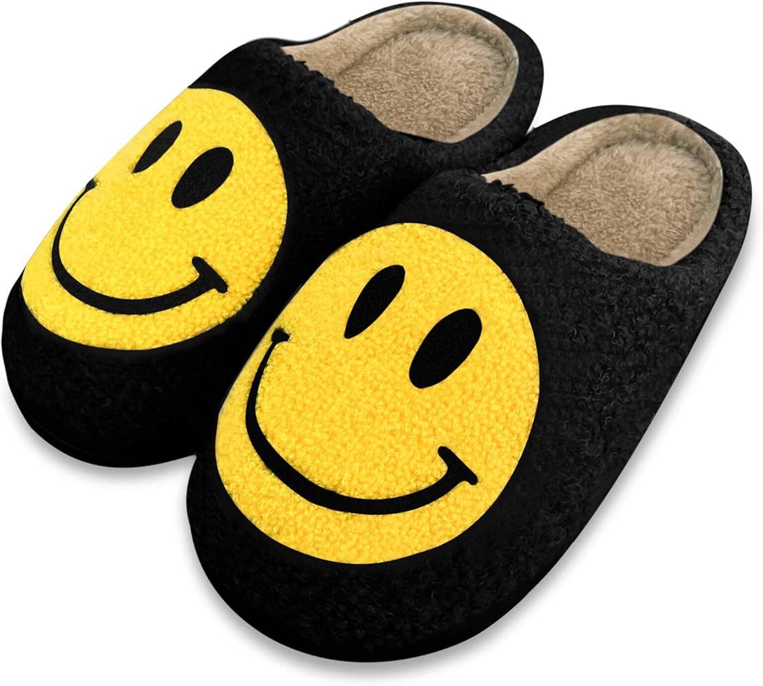 Smiley Face Slippers,Retro Soft Plush Lightweight House Slippers Slip-on Cozy Indoor Outdoor Slipper | Amazon (US)