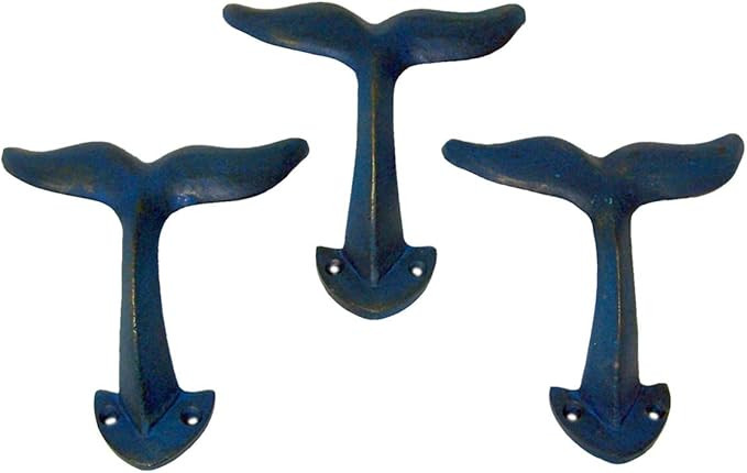 Rustic Dark Blue Cast Iron Whale Tail Wall Hooks, 4 1/2 Inches, Set of 3 | Amazon (US)