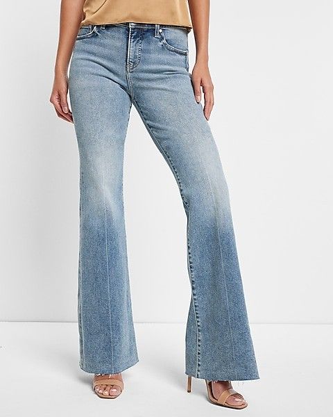 Mid Rise Light Wash Raw Hem 70s Flare Jeans - Express Jeans - Express - Causal Friday Outfit -  | Express
