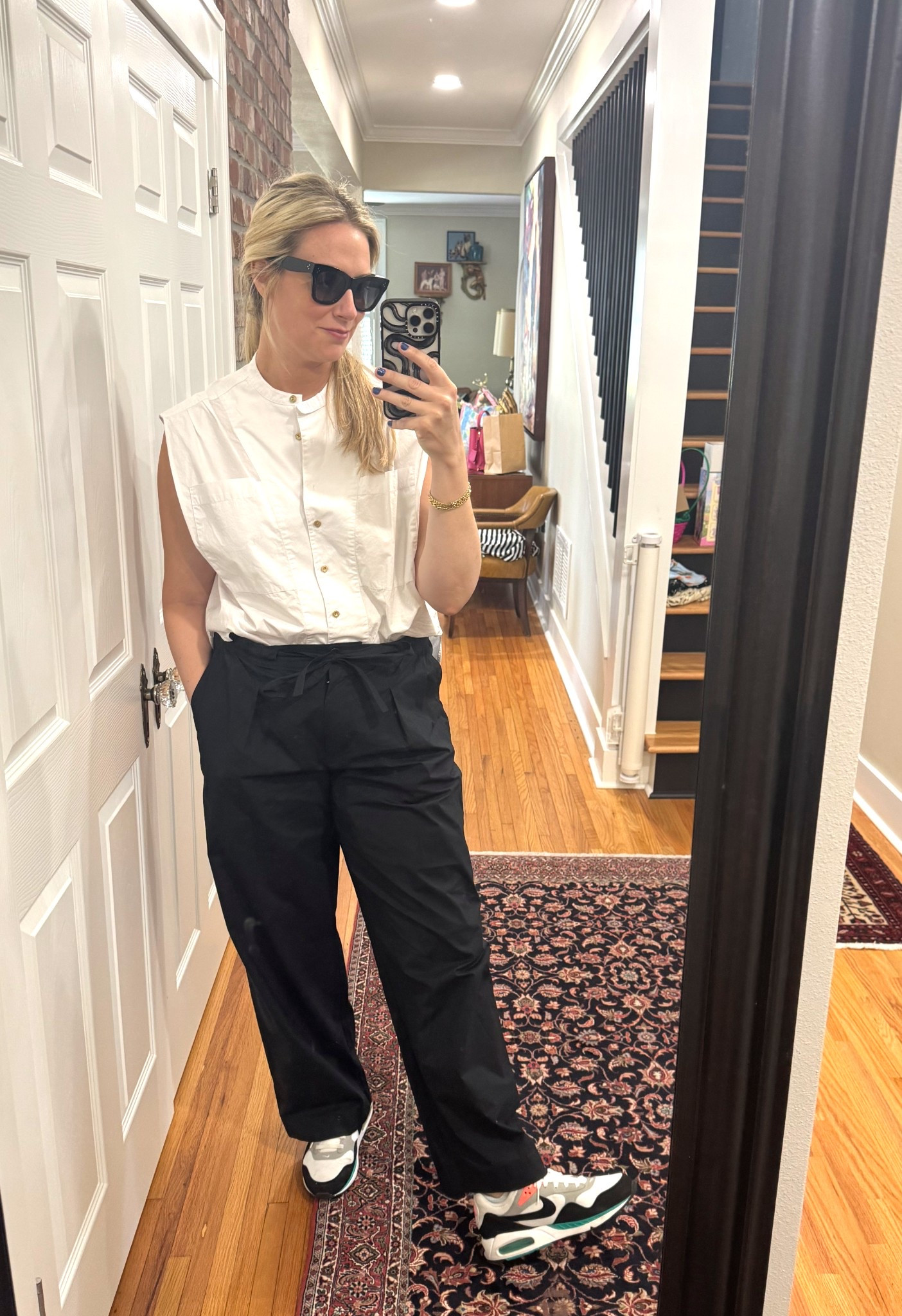 An entire cotton poplin look. Loving these #nieman pants there comfortable and look so chic. And the sneakers make this doable for a busy momming/working day #streetwear 
My glasses are #celine but there is a good dupe on Amazon 

#LTKmomlife #LTKTall #LTKootd