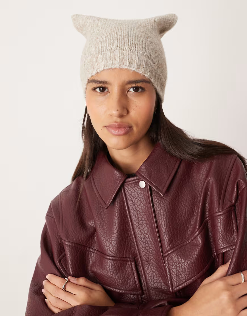 ASOS DESIGN cat ears knit beanie in oatmeal-Neutral | ASOS (Global)