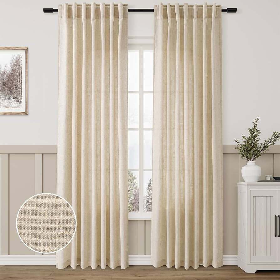 Back Tab Linen Beige Curtain Panels 84 Inches Long Light Filtering Semi Sheer Pleated Drapes for ... | Amazon (US)