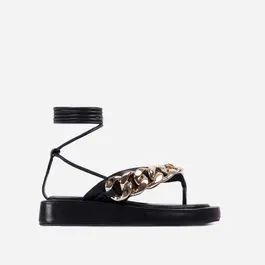 Hidden-Gems Chain Thong Detail Lace Up Platform Gladiator Sandal In Black Faux Leather | EGO Shoes (US & Canada)