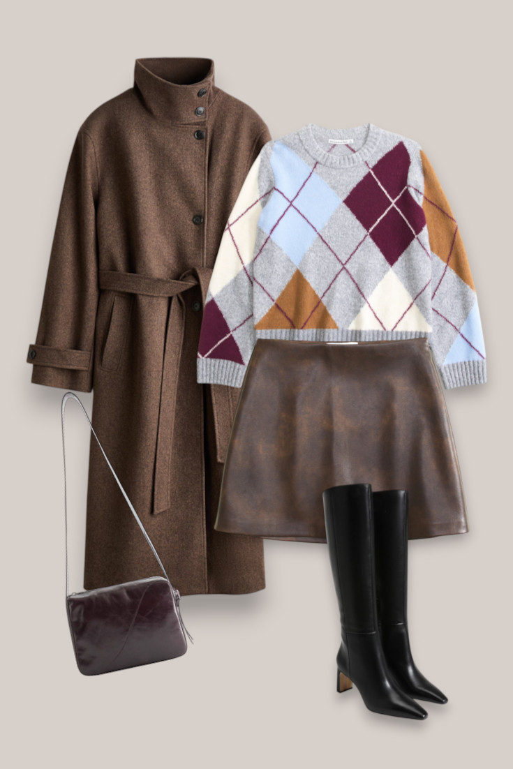 A slightly dressier winter outfit with an argyle sweater, brown mini skirt, knee-high boots and long chocolate coat. Cute for lunch, shopping or anywhere you want something more put together. #winteroutfits #skirtoutfit #kneehighboots #winterstyle 

 #LTKfestive #LTKdatenight #LTKstyletip