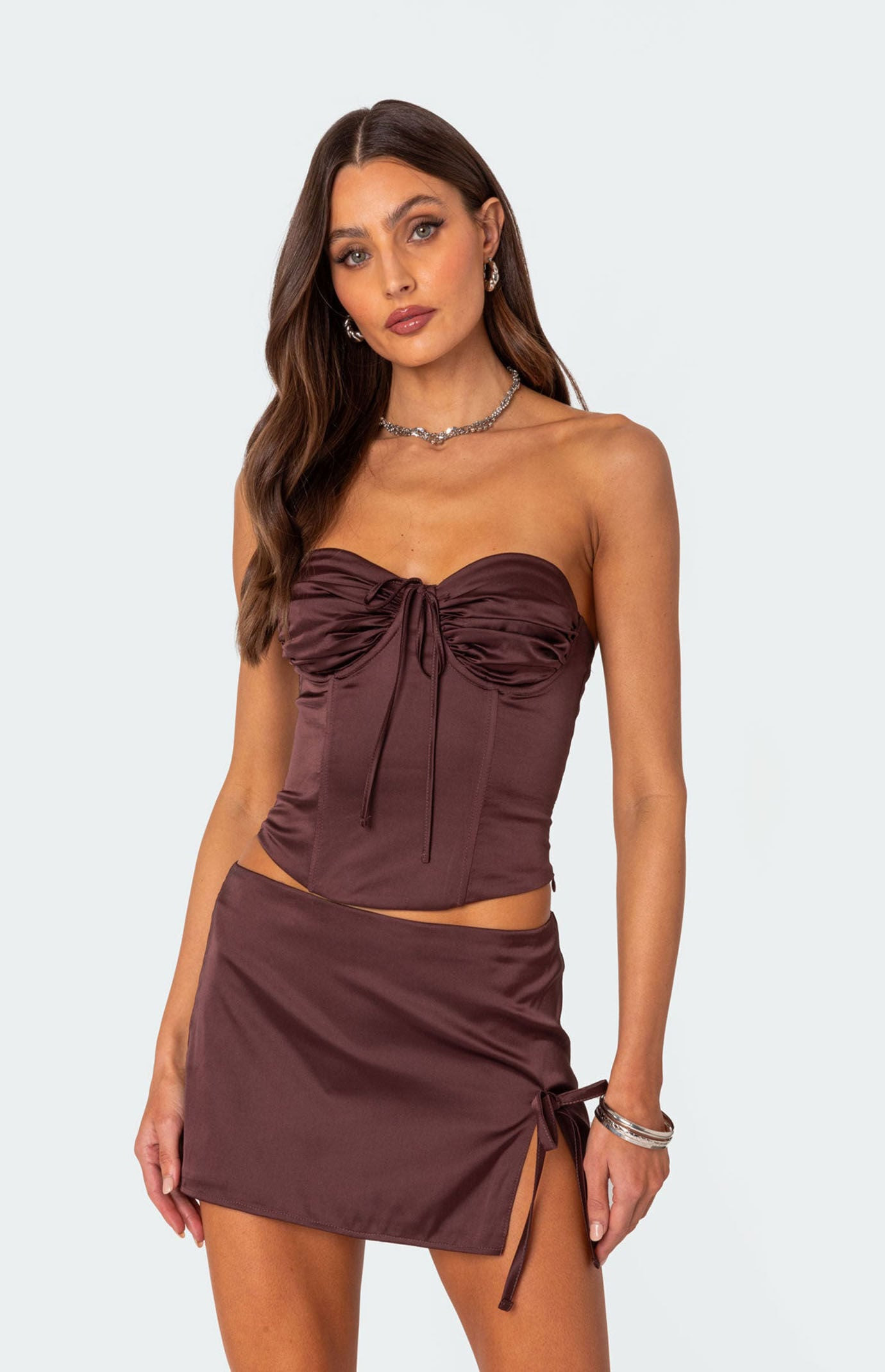 Edikted Women's Bea Satin Lace Up Corset in Brown - Size XS | PacSun