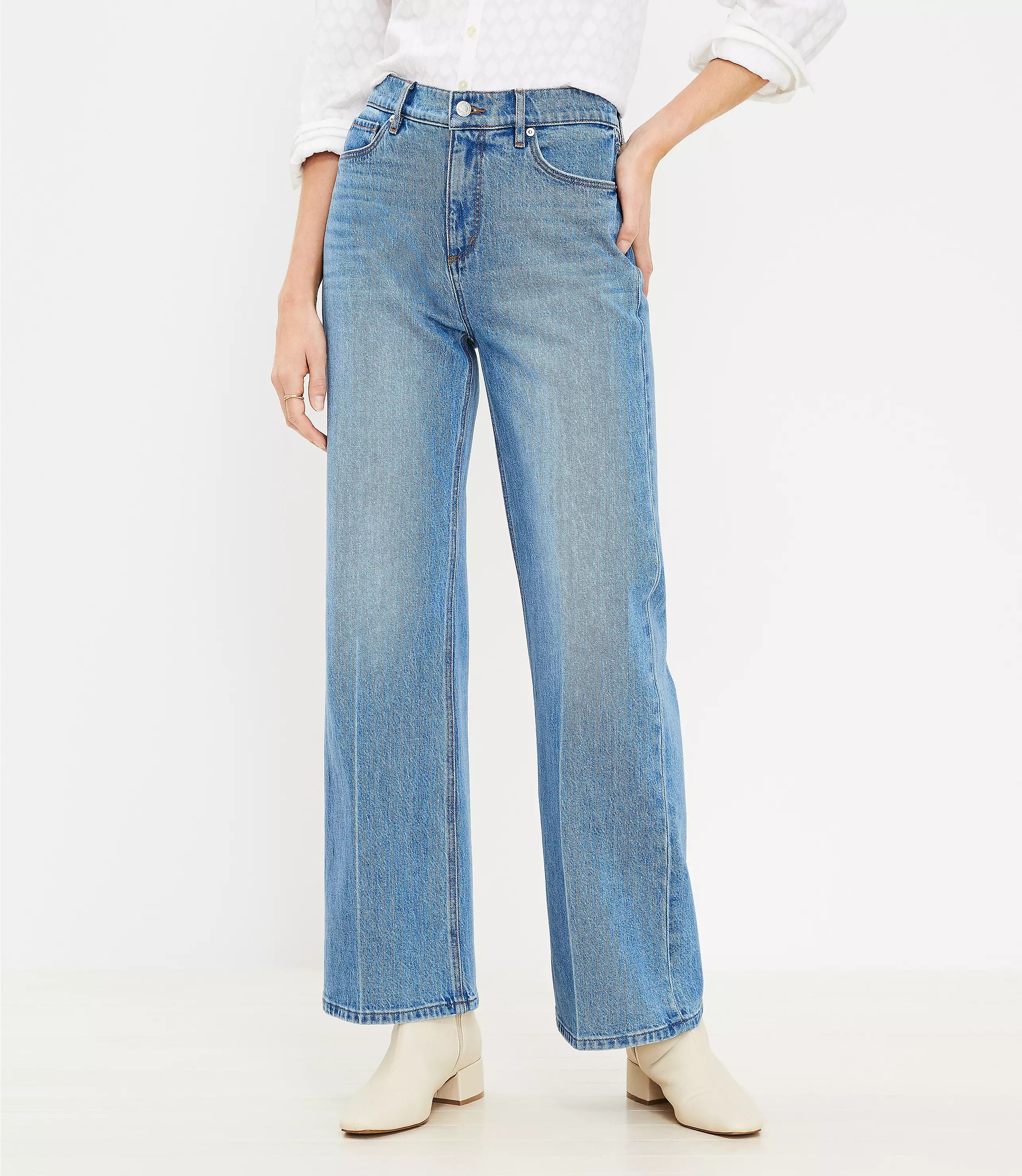 Curvy High Rise Wide Leg Jeans in Authentic Mid Indigo Wash | LOFT