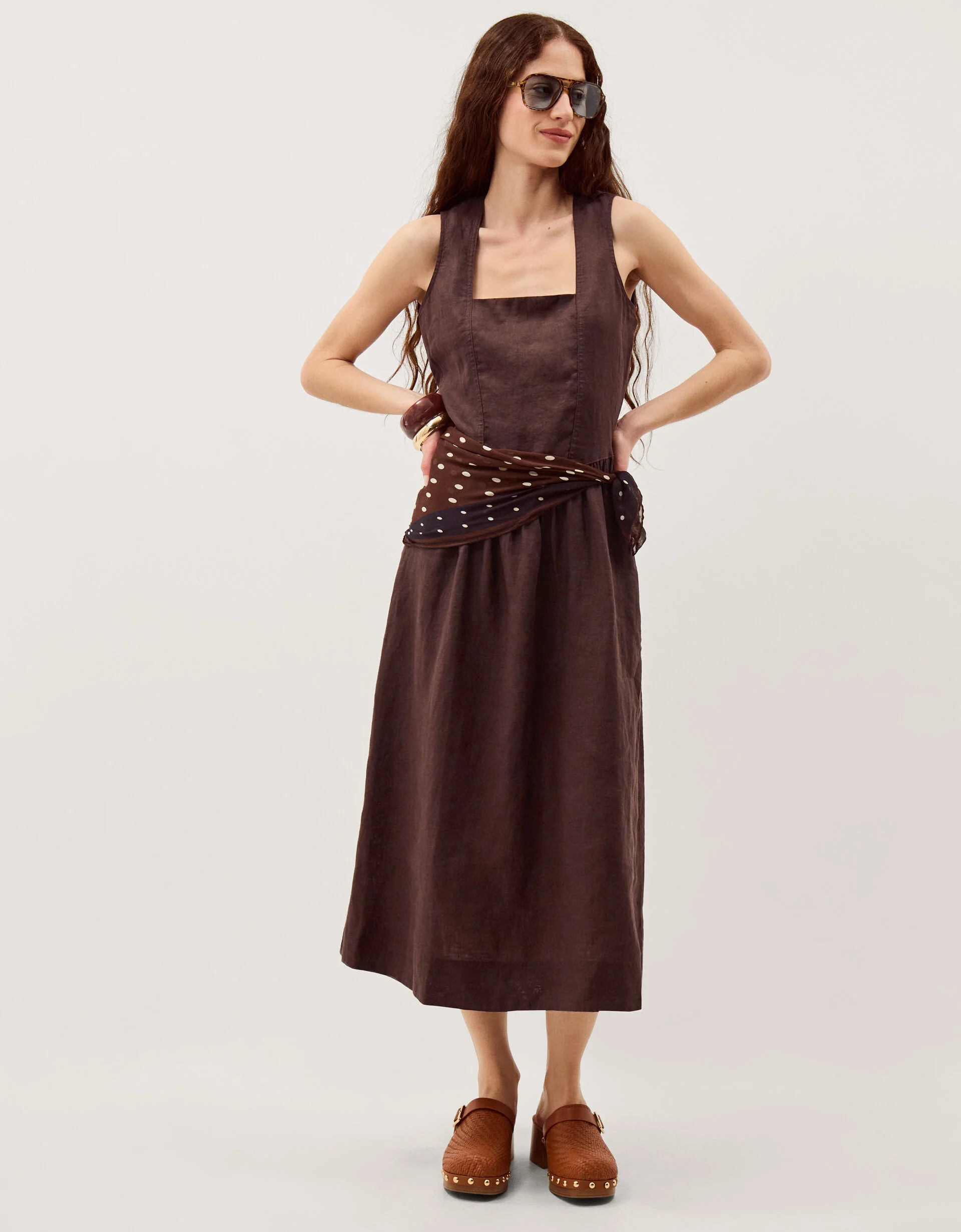 Lily Square Neck Linen Midi Dress Brown | Monsoon (UK)