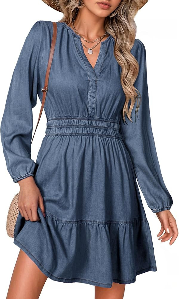 Simplee Womens Fall Denim Dress Casual Long Sleeve V Neck Empire Waist Ruffle A Line Flowy Short ... | Amazon (US)