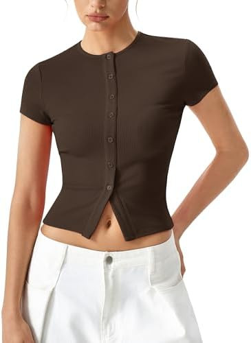 QINSEN Women's Crewneck Short Sleeve T Shirts Ribbed Button Going Out Trendy Tops | Amazon (US)
