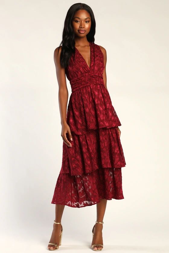 Make It Mesmerizing Wine Red Jacquard Tiered Midi Dress | Lulus (US)