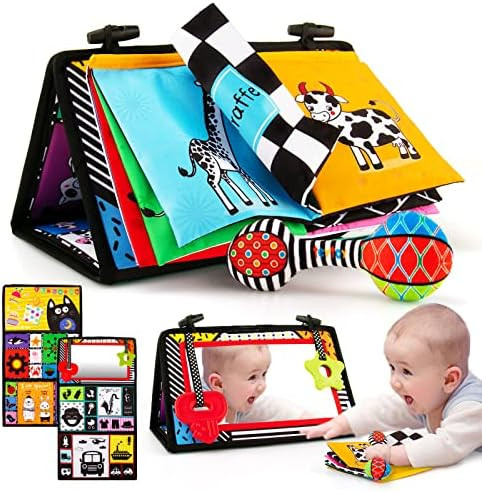 3-in-1 Tummy Time Mirror Toys with Soft Crinkle 3D Activity Book,Teethers, Rattle,High Contrast Blac | Amazon (US)