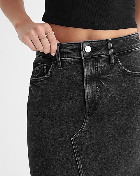 High Waisted Black Raw Hem Front Slit Maxi Denim Skirt | Express