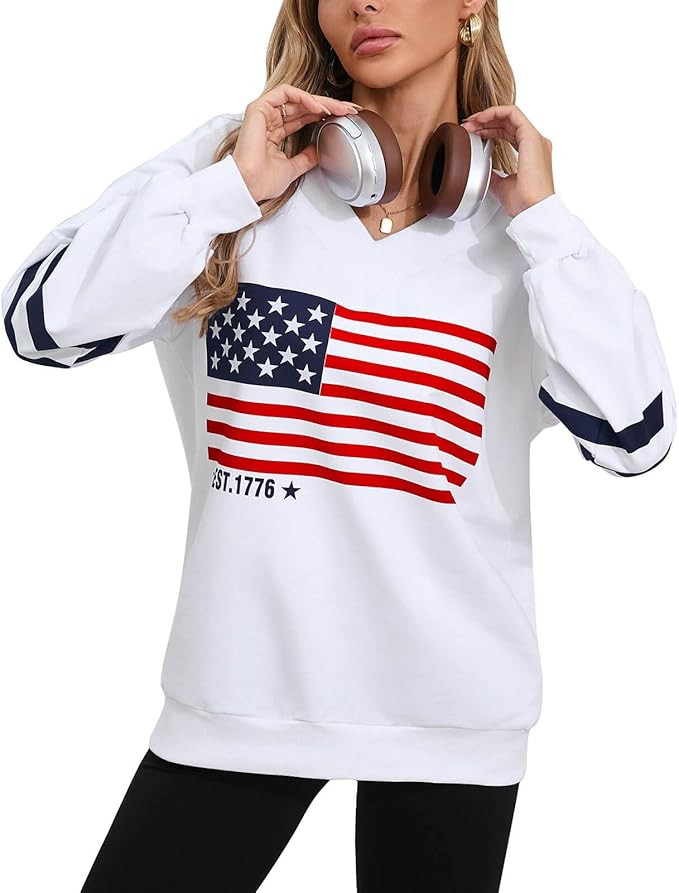 Alsol Lamesa Womens American Flag Sweatshirts Long Sleeve V Neck Loose 4th of July Outfits Flag T... | Amazon (US)