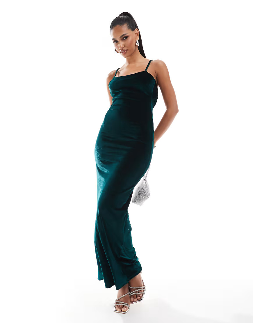 ASOS DESIGN velvet square neck cami maxi dress with lace up back in forest green | ASOS (Global)