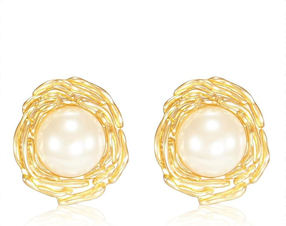 Pearl Stud Earrings for Women, Faux Large Gold Pearl Earrings Studs, Dainty White Big Pearl Earri... | Amazon (US)