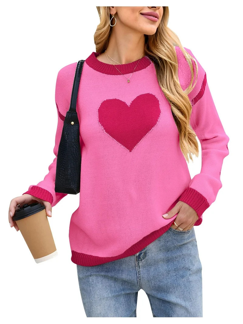 Heart Sweaters for Women Valentine's Day Crewneck Long Sleeve Striped Color Block Knitted Sweater... | Walmart (US)