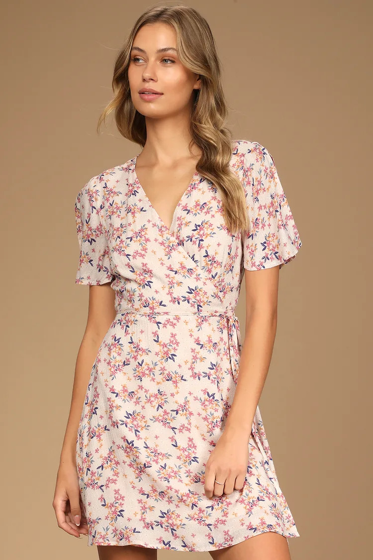 Flower Hours Pink Floral Print Flutter Sleeve Wrap Mini Dress | Lulus (US)