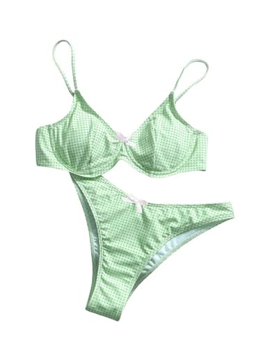 BEAUDRM Women's 2 Piece Y2K Gingham Bow Front Bikini Set Underwire Bikini Thong Swimsuit High Waisted Bathing Suit Beachwear Green Small | Amazon (US)