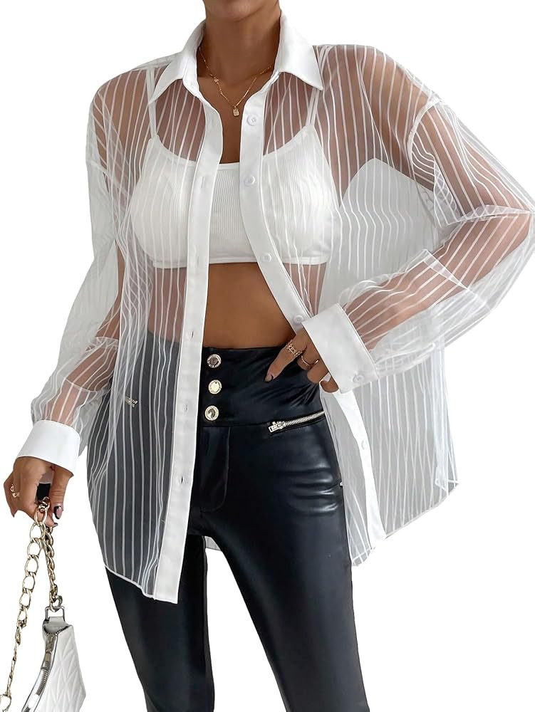 Milumia Women Striped Mesh Sheer Button Up Shirt Long Sleeve Drop Shoulder Blouse Top | Amazon (US)