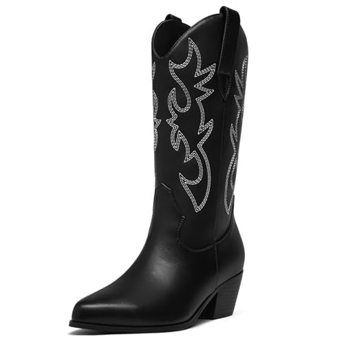 KEEISEA Black Cowboy Boots Black Boots for Women Cowboy Boots Wide Calf Cowgirl Boots Western Boots for Women Mid Calf Embroidered Cowboy Boots Black Size 10 | Amazon (US)