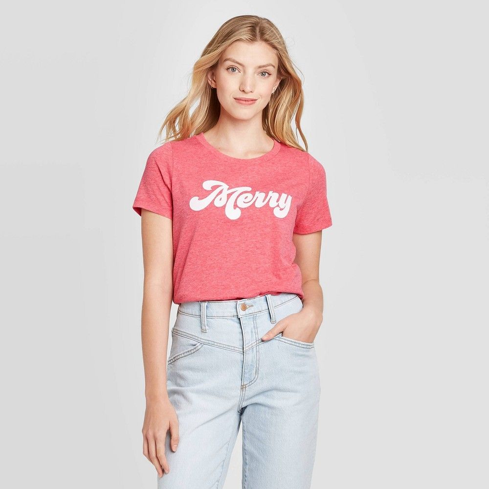 Women's Merry Short Sleeve Graphic T-Shirt - Light Red XXL | Target