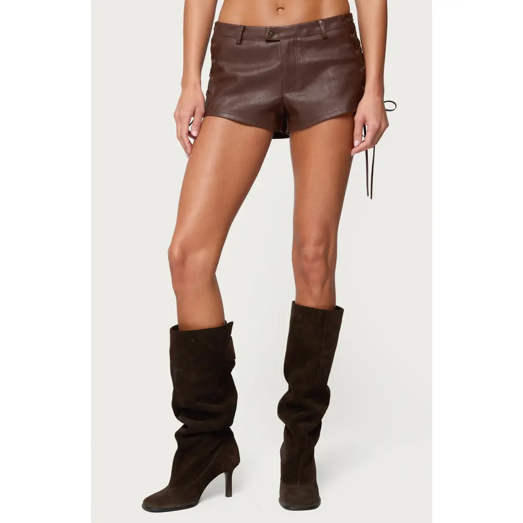 EDIKTED Kariss Lace Up Faux Leather Mini Shorts in Brown at Nordstrom, Size X-Small | Nordstrom