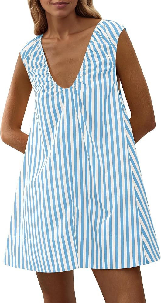 Women's Sleeveless Babydoll Tank Mini Dress Scoop Neck Ruched Bubble Dress with Pockets Short Sum... | Amazon (US)